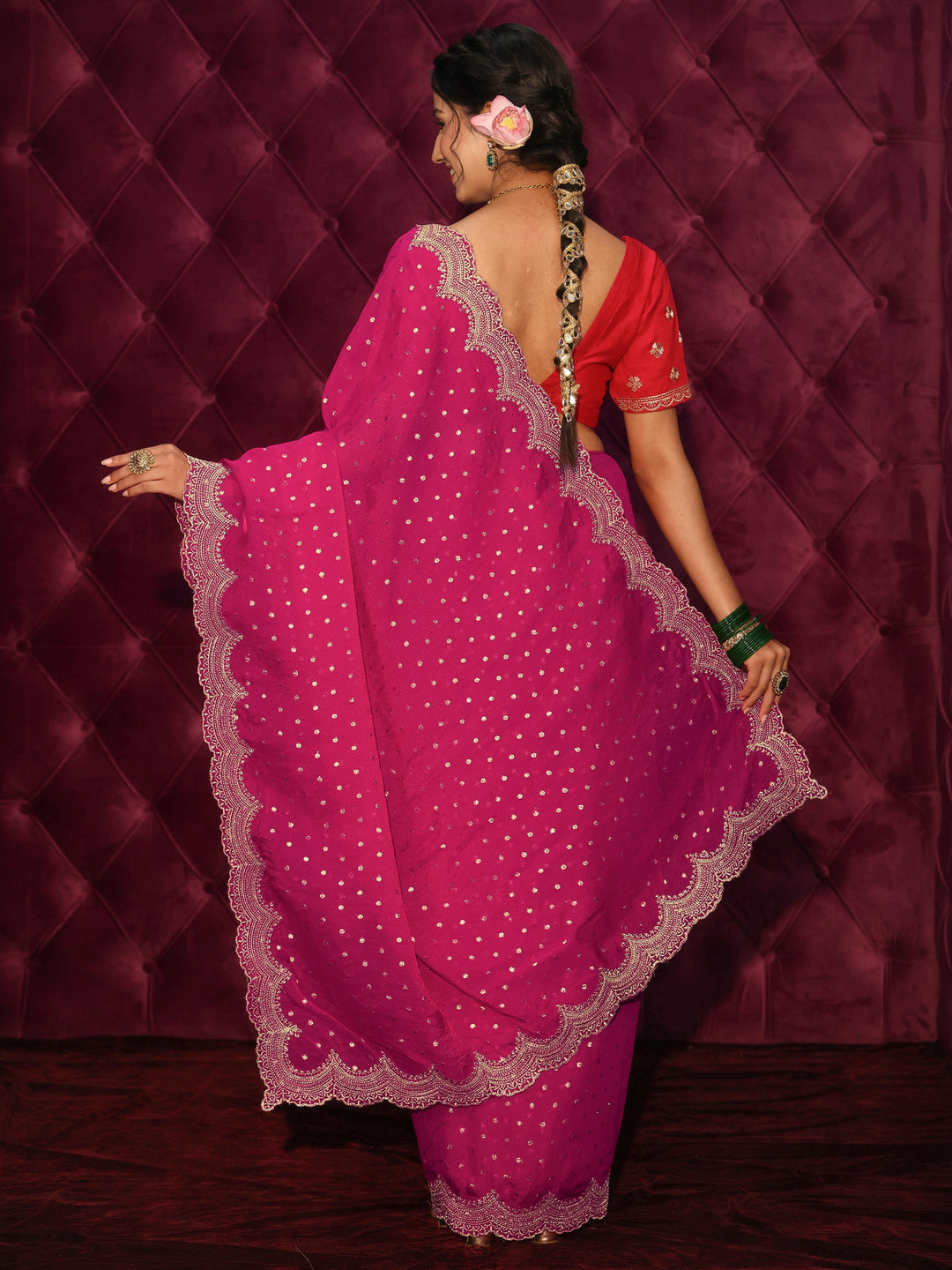  Libas Pink Woven Design Tissue Saree with Scalloped Border 