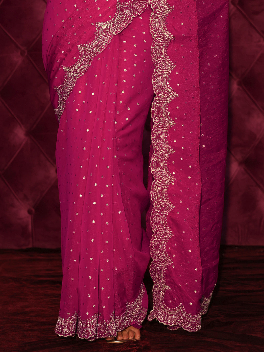  Libas Pink Woven Design Tissue Saree with Scalloped Border 