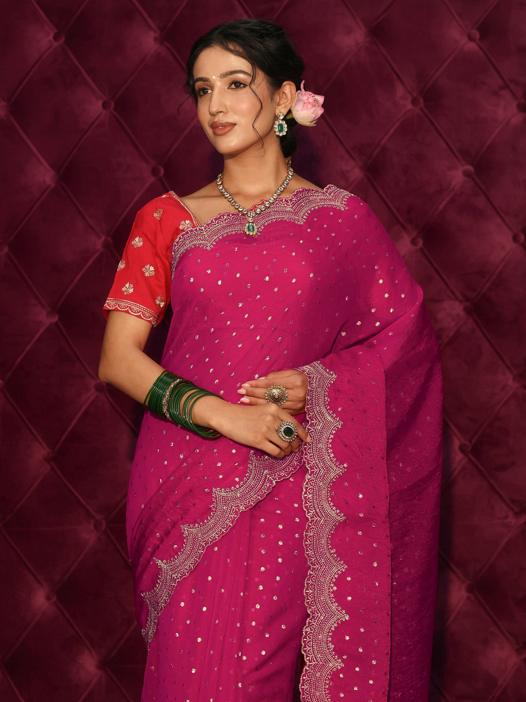  Libas Pink Woven Design Tissue Saree with Scalloped Border 