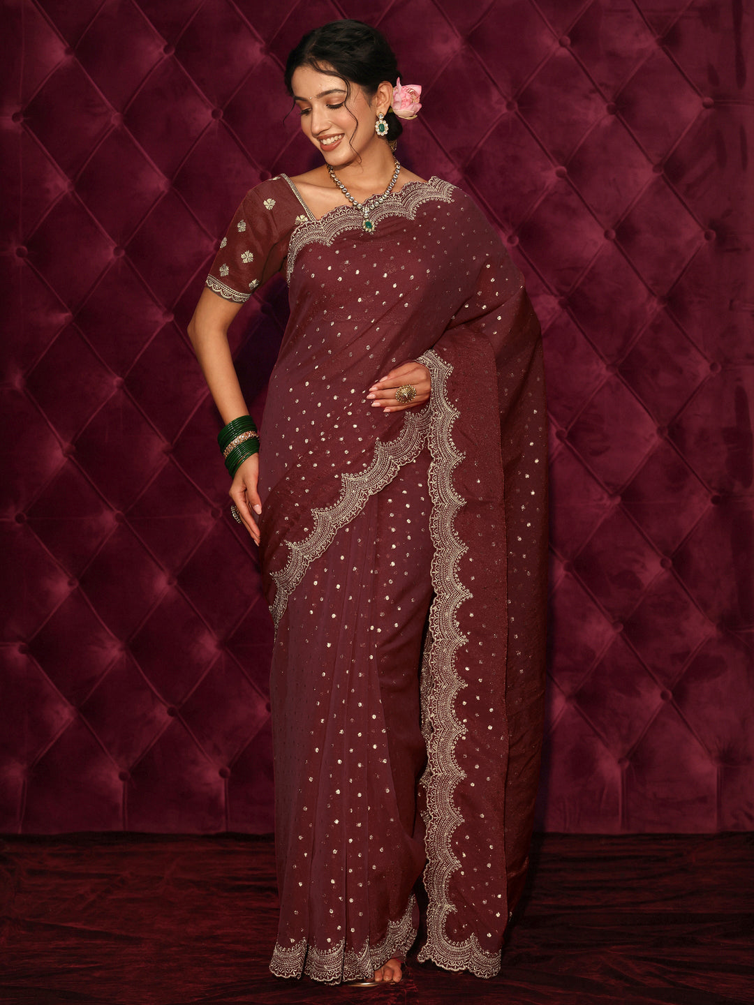  Libas Maroon Woven Design Tissue Saree with Scalloped Border 