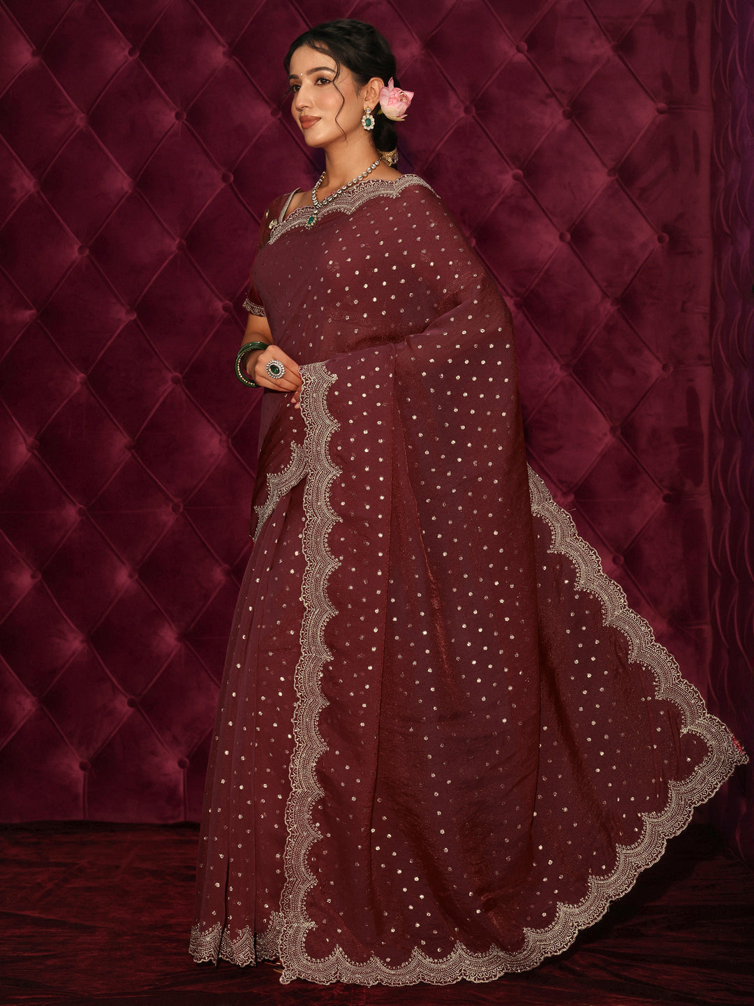  Libas Maroon Woven Design Tissue Saree with Scalloped Border 