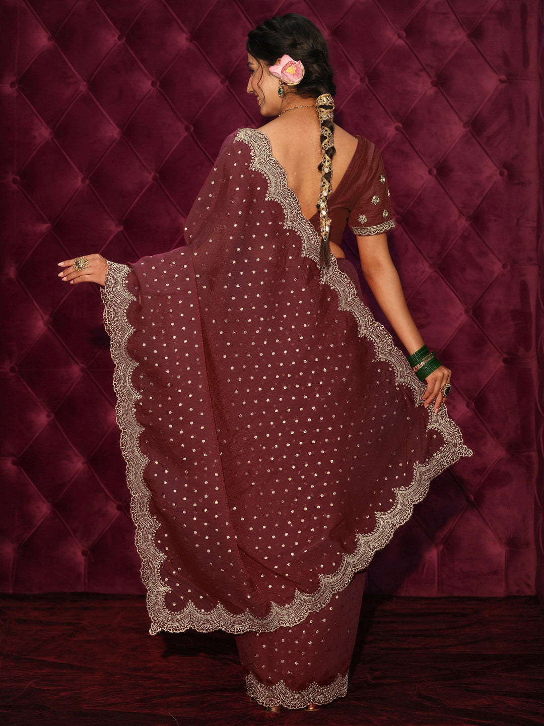  Libas Maroon Woven Design Tissue Saree with Scalloped Border 