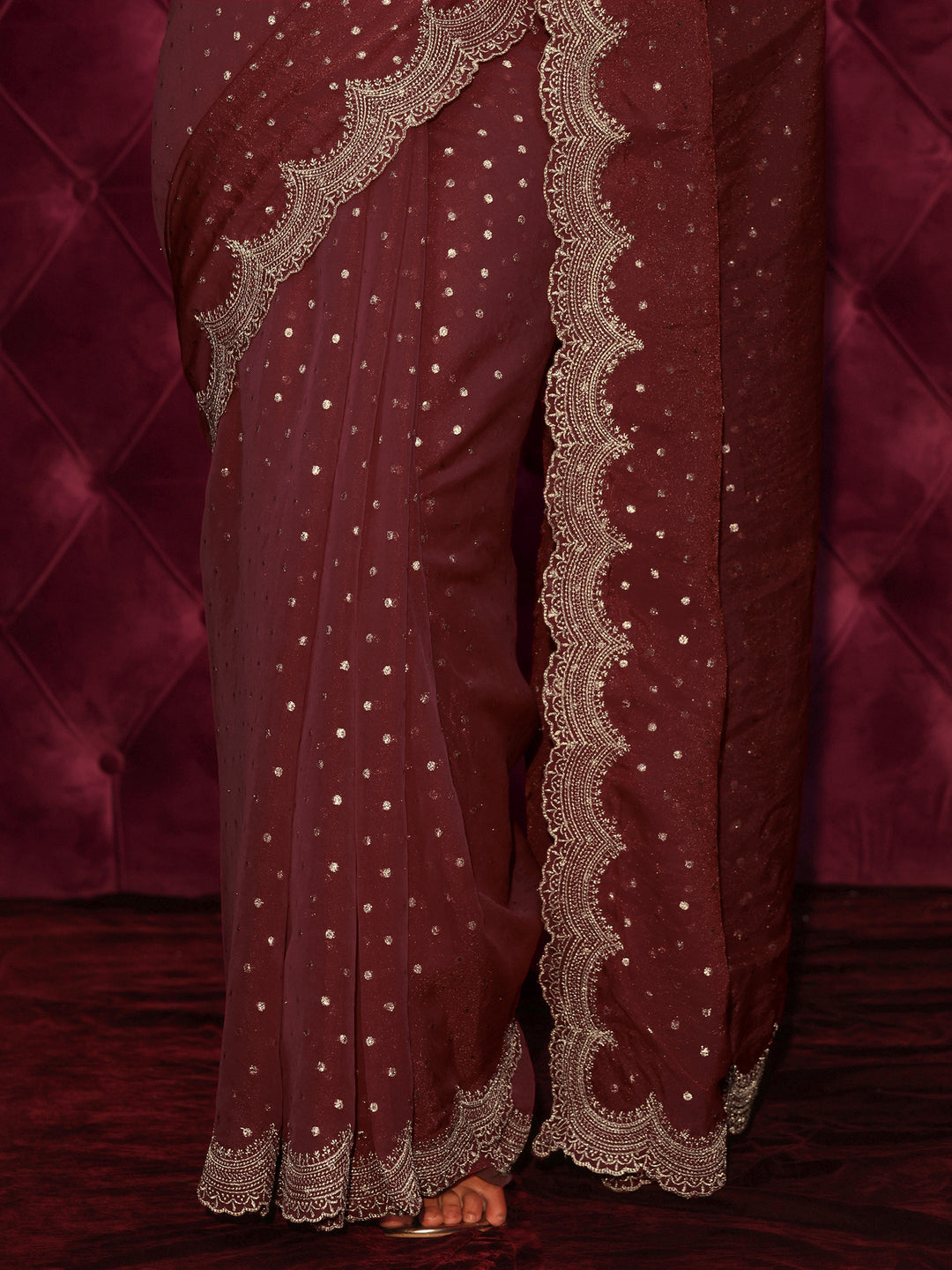  Libas Maroon Woven Design Tissue Saree with Scalloped Border 