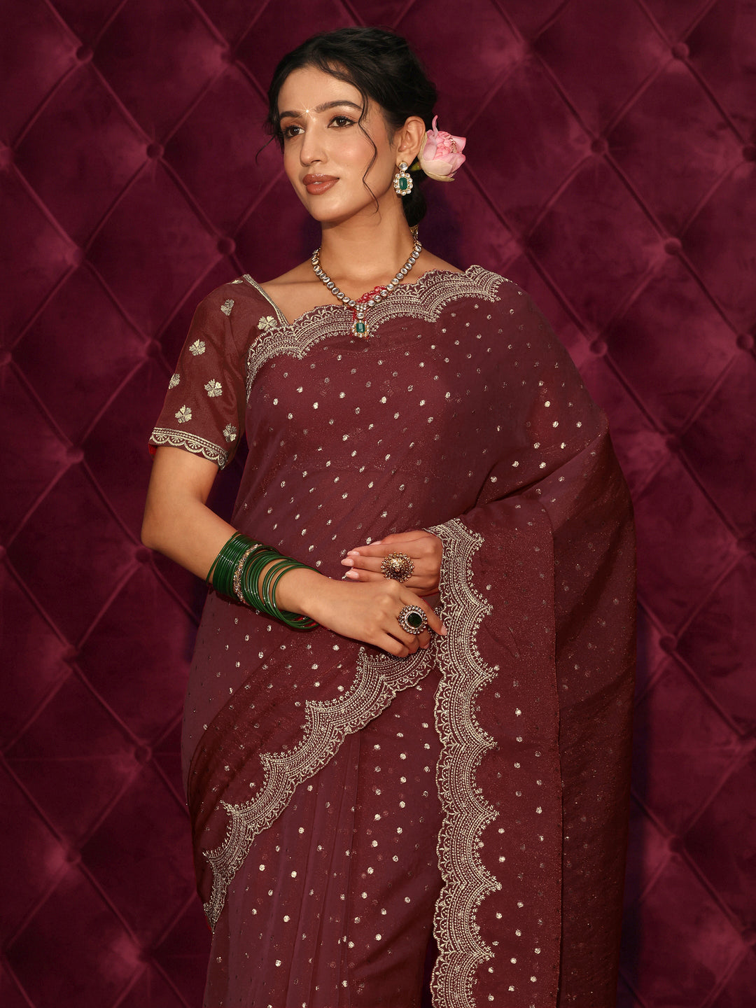  Libas Maroon Woven Design Tissue Saree with Scalloped Border 
