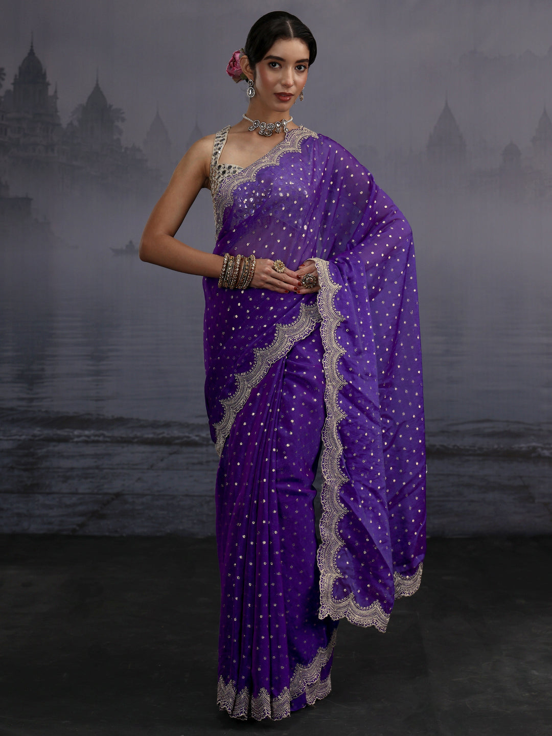  Libas Purple Woven Design Tissue Saree with Scalloped Border 
