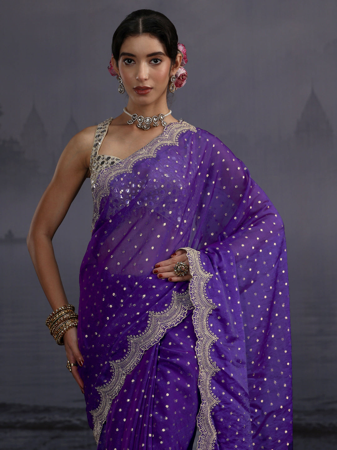  Libas Purple Woven Design Tissue Saree with Scalloped Border 