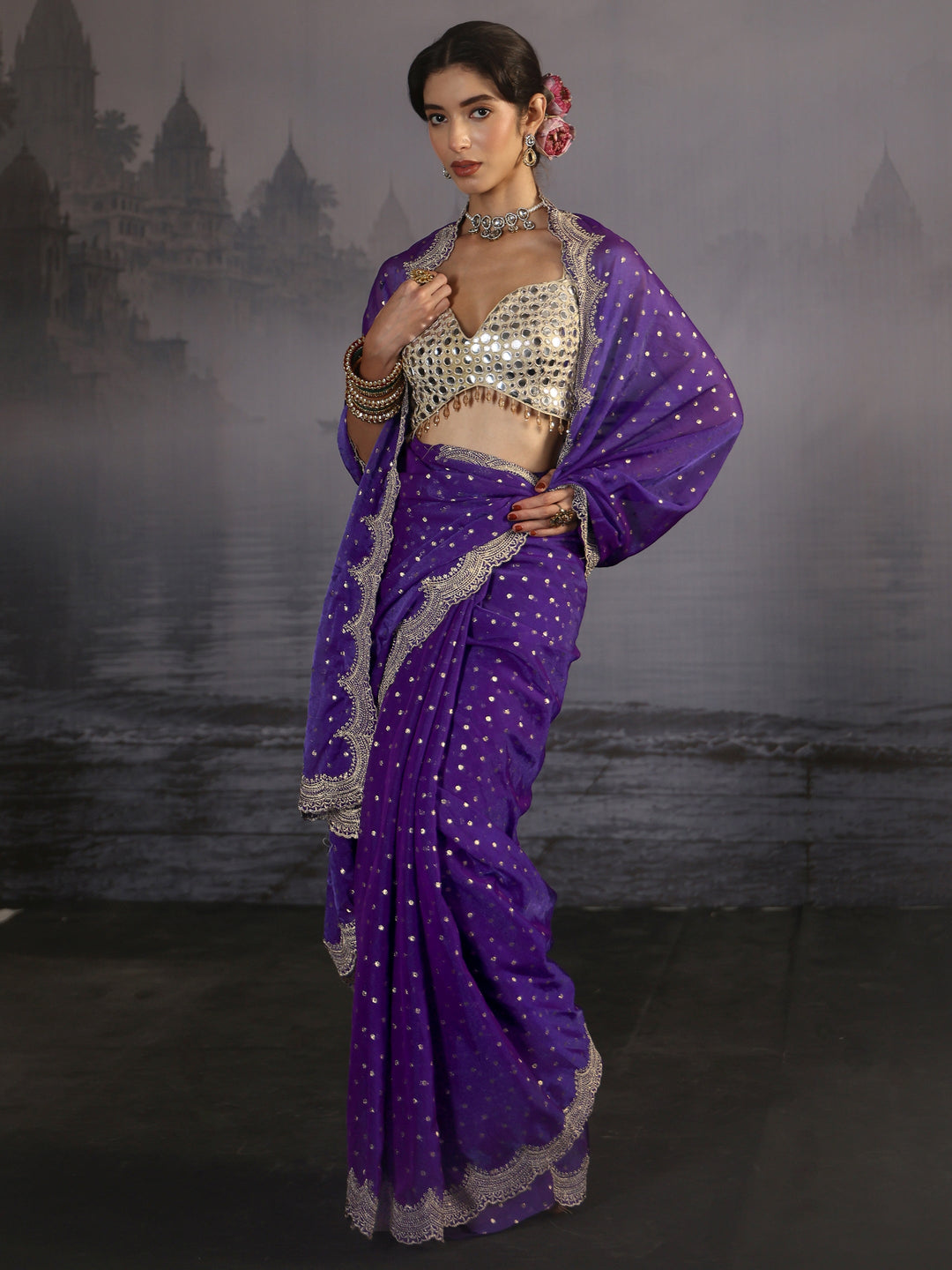  Libas Purple Woven Design Tissue Saree with Scalloped Border 