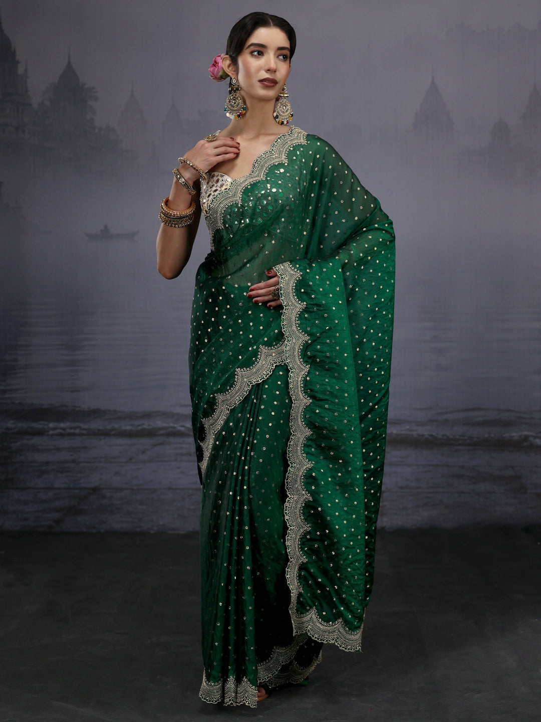  Libas Green Woven Design Tissue Saree with Scalloped Border 