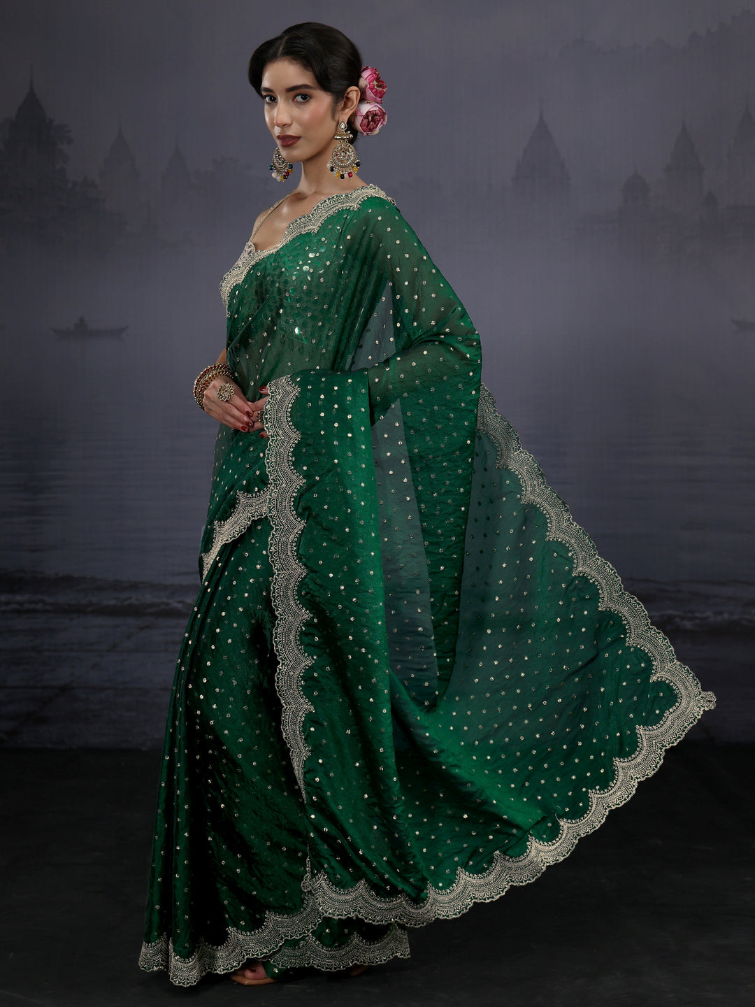  Libas Green Woven Design Tissue Saree with Scalloped Border 