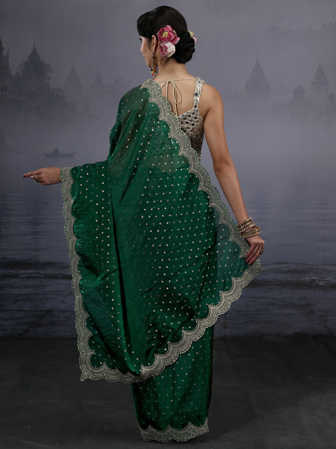  Libas Green Woven Design Tissue Saree with Scalloped Border 