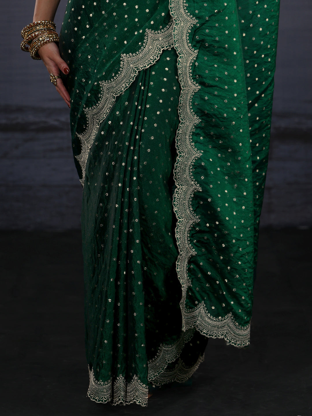  Libas Green Woven Design Tissue Saree with Scalloped Border 