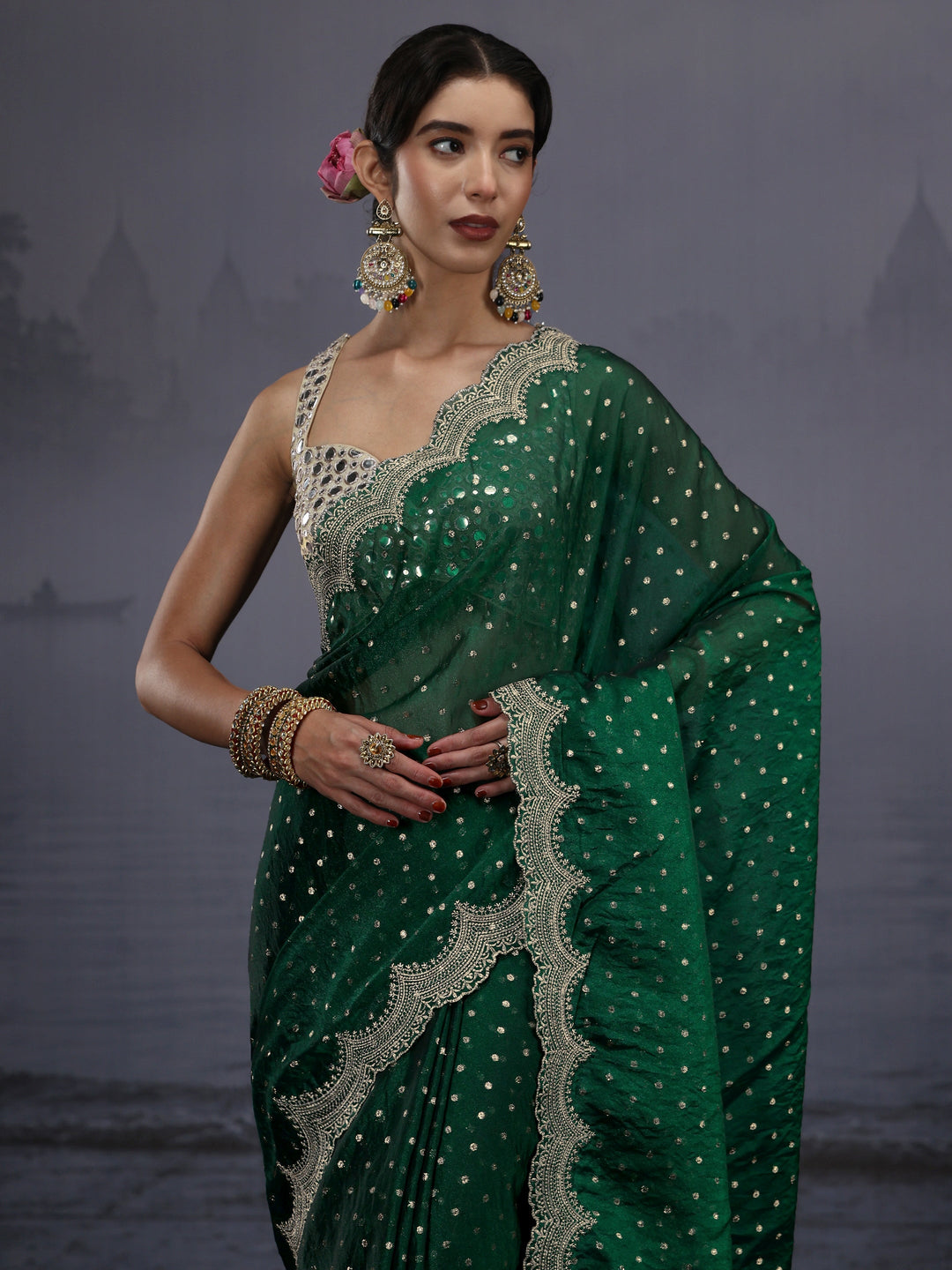  Libas Green Woven Design Tissue Saree with Scalloped Border 