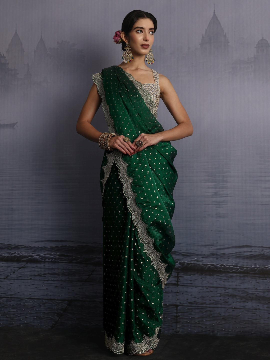  Libas Green Woven Design Tissue Saree with Scalloped Border 
