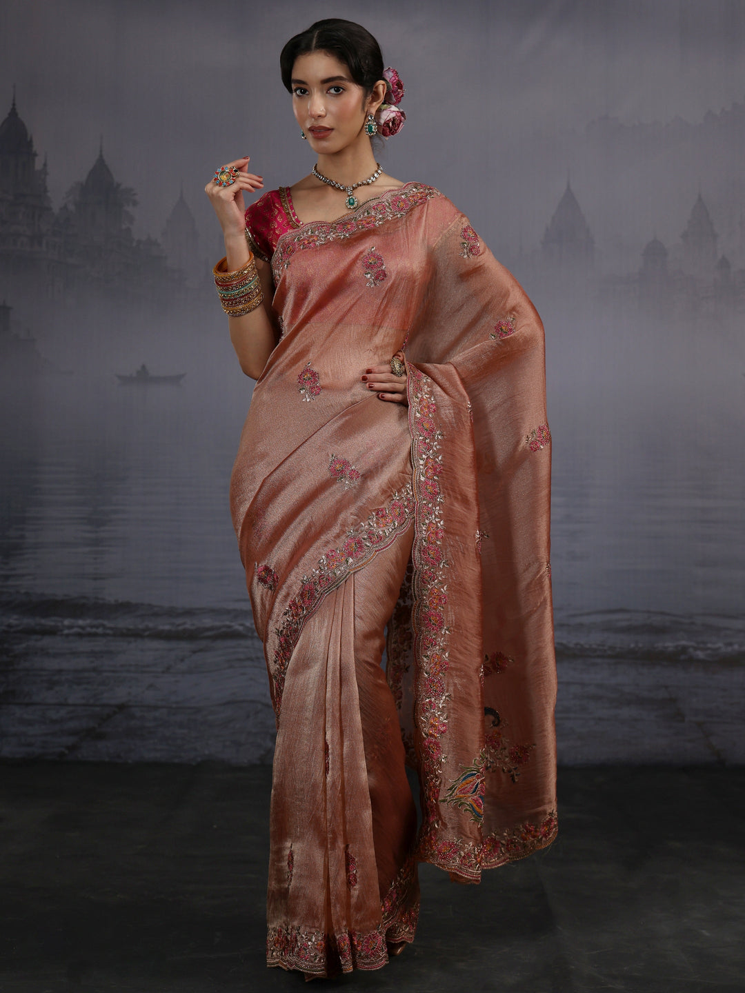  Libas Peach Floral Embroidered Tissue Saree 