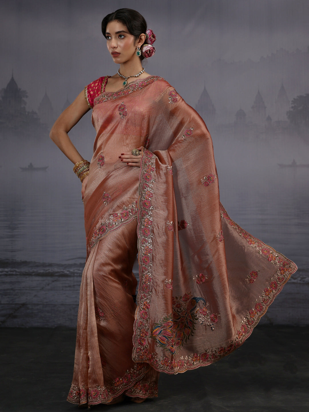  Libas Peach Floral Embroidered Tissue Saree 