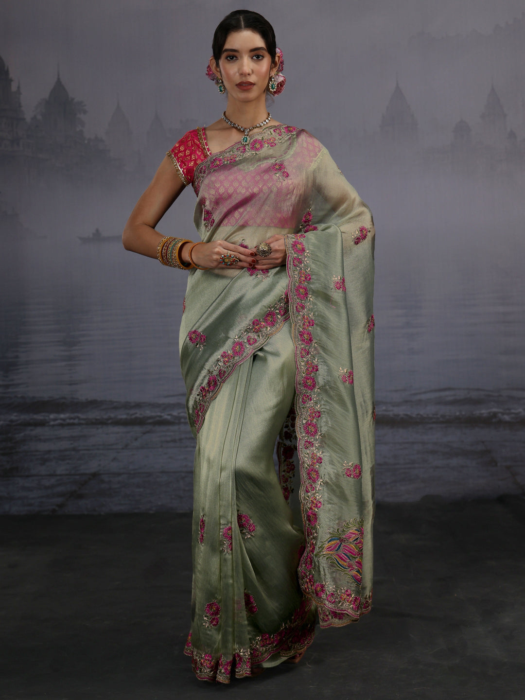  Libas Green Floral Embroidered Tissue Saree 