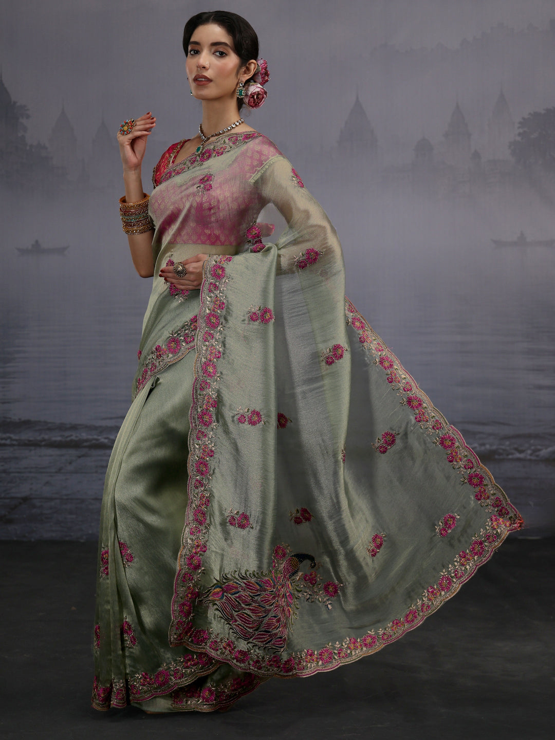  Libas Green Floral Embroidered Tissue Saree 