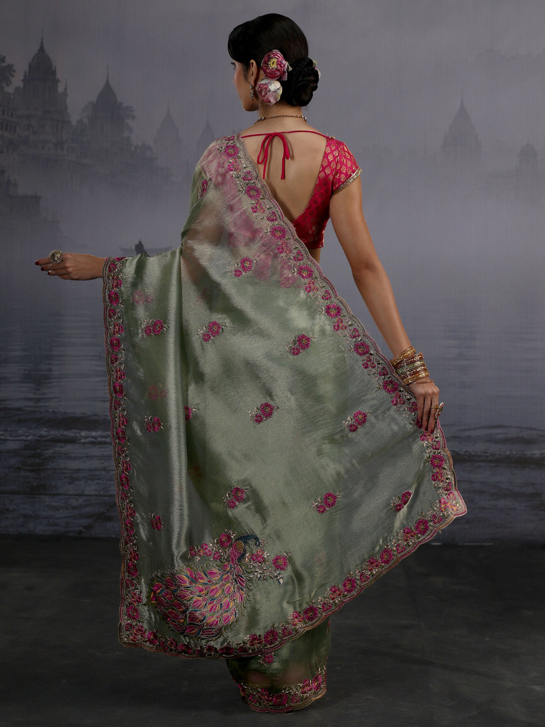  Libas Green Floral Embroidered Tissue Saree 