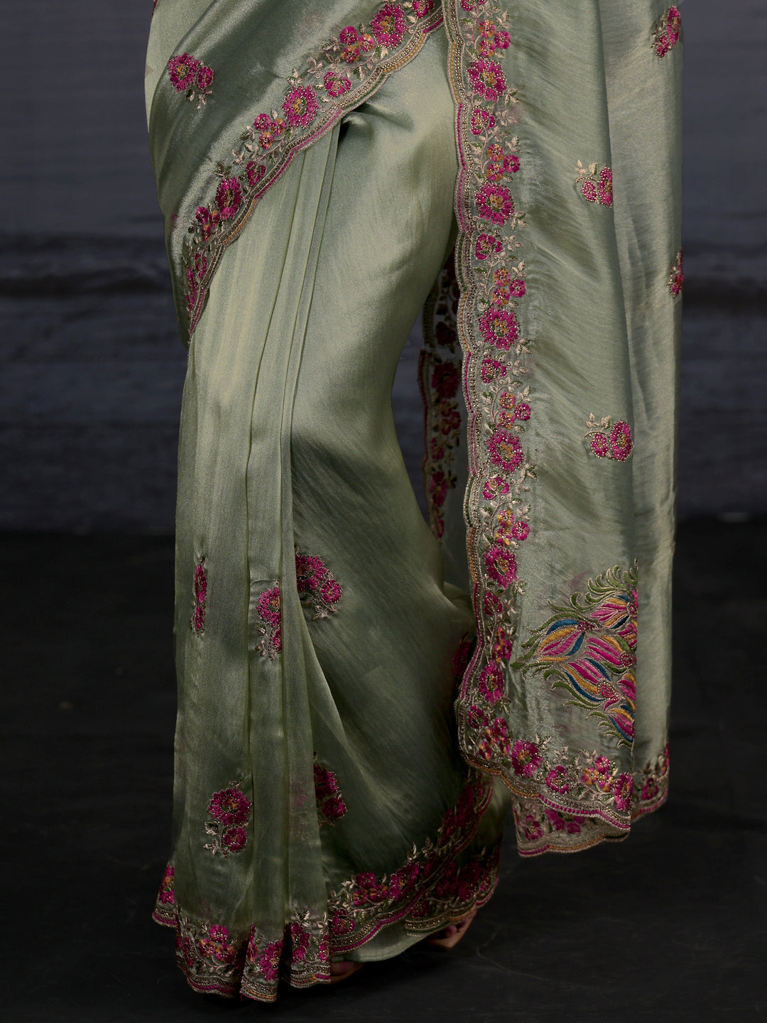  Libas Green Floral Embroidered Tissue Saree 