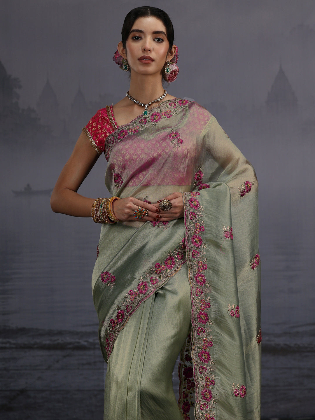  Libas Green Floral Embroidered Tissue Saree 