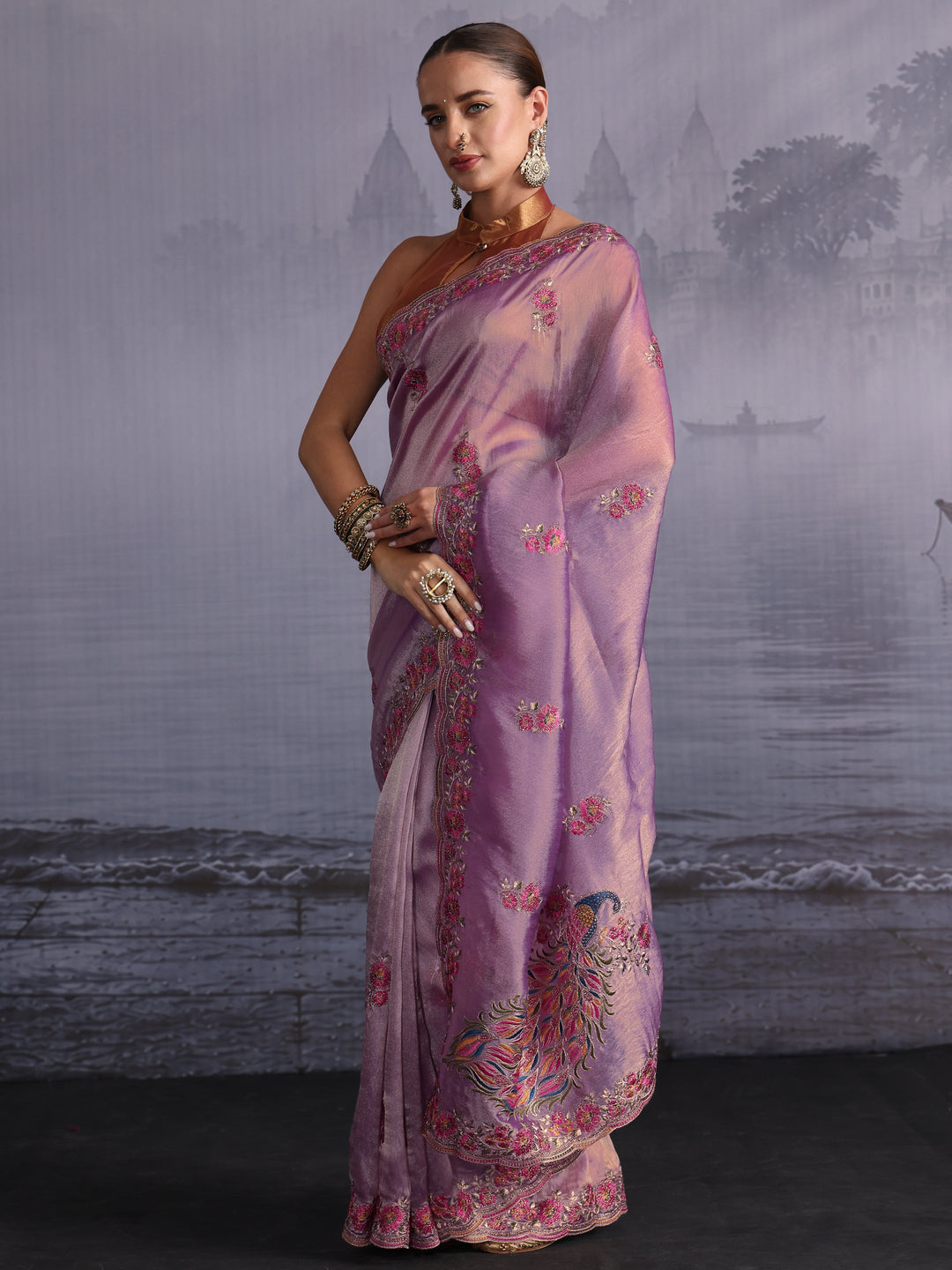  Libas Lavender Floral Embroidered Tissue Saree with Scalloped Border 