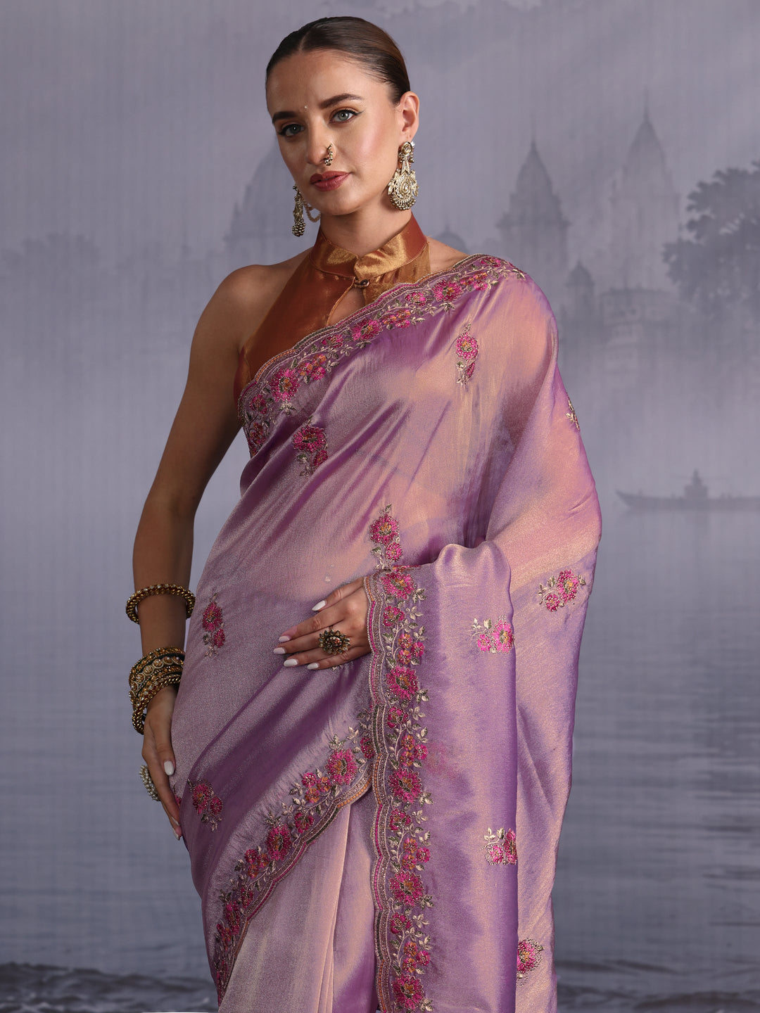  Libas Lavender Floral Embroidered Tissue Saree with Scalloped Border 