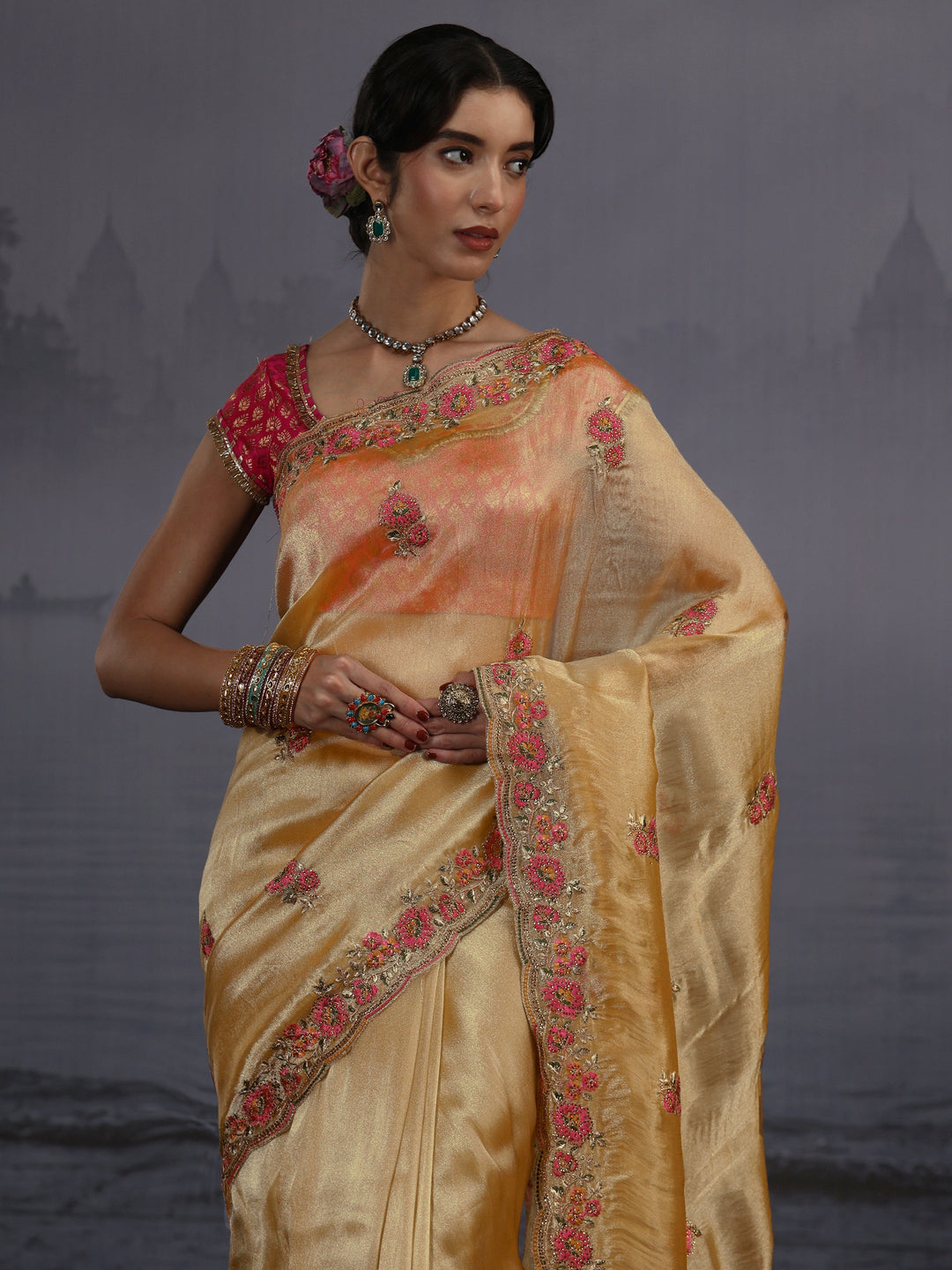  Libas Mustard Floral Embroidered Tissue Saree 