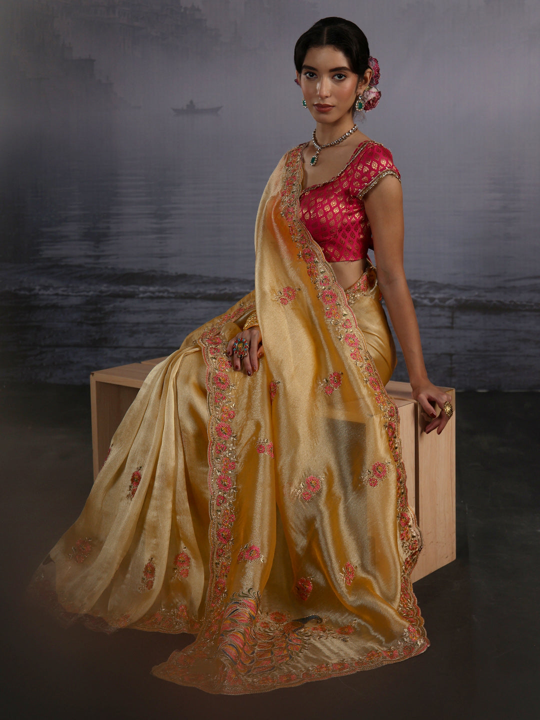  Libas Mustard Floral Embroidered Tissue Saree 
