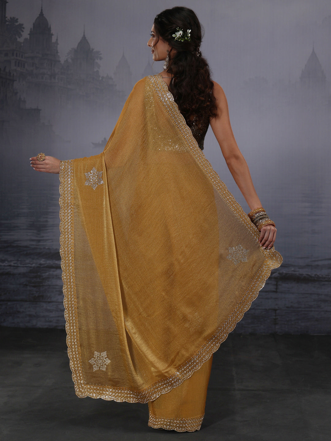  Libas Mustard Embellished Tissue Saree 