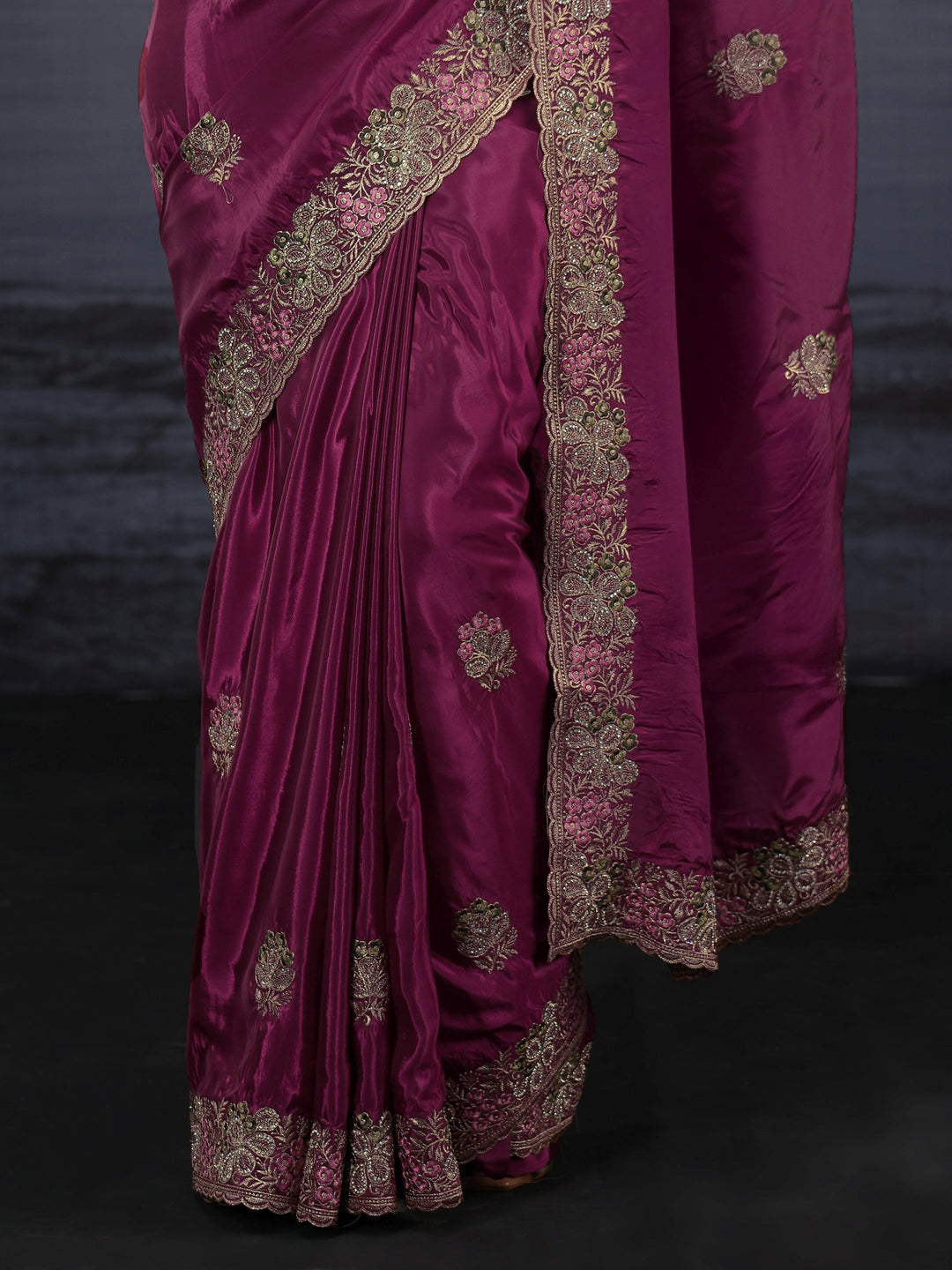  Libas Wine Floral Embroidered Satin Saree 