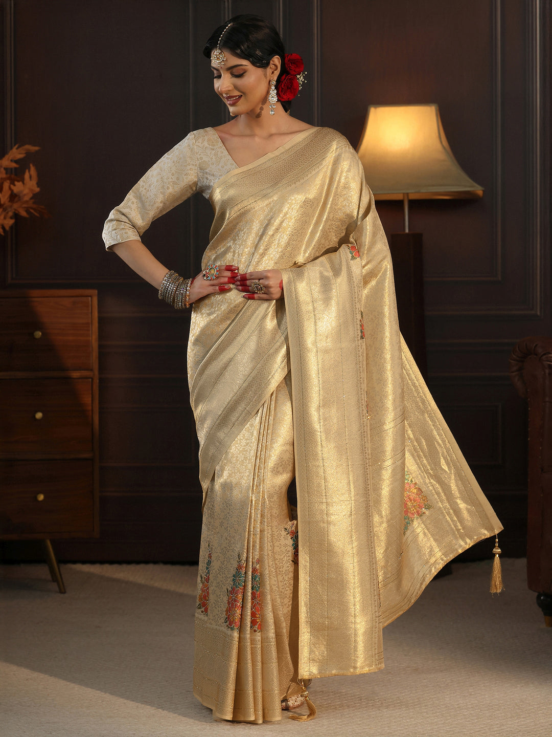  Libas Gold Banarasi Silk Saree with Floral Stone Work 