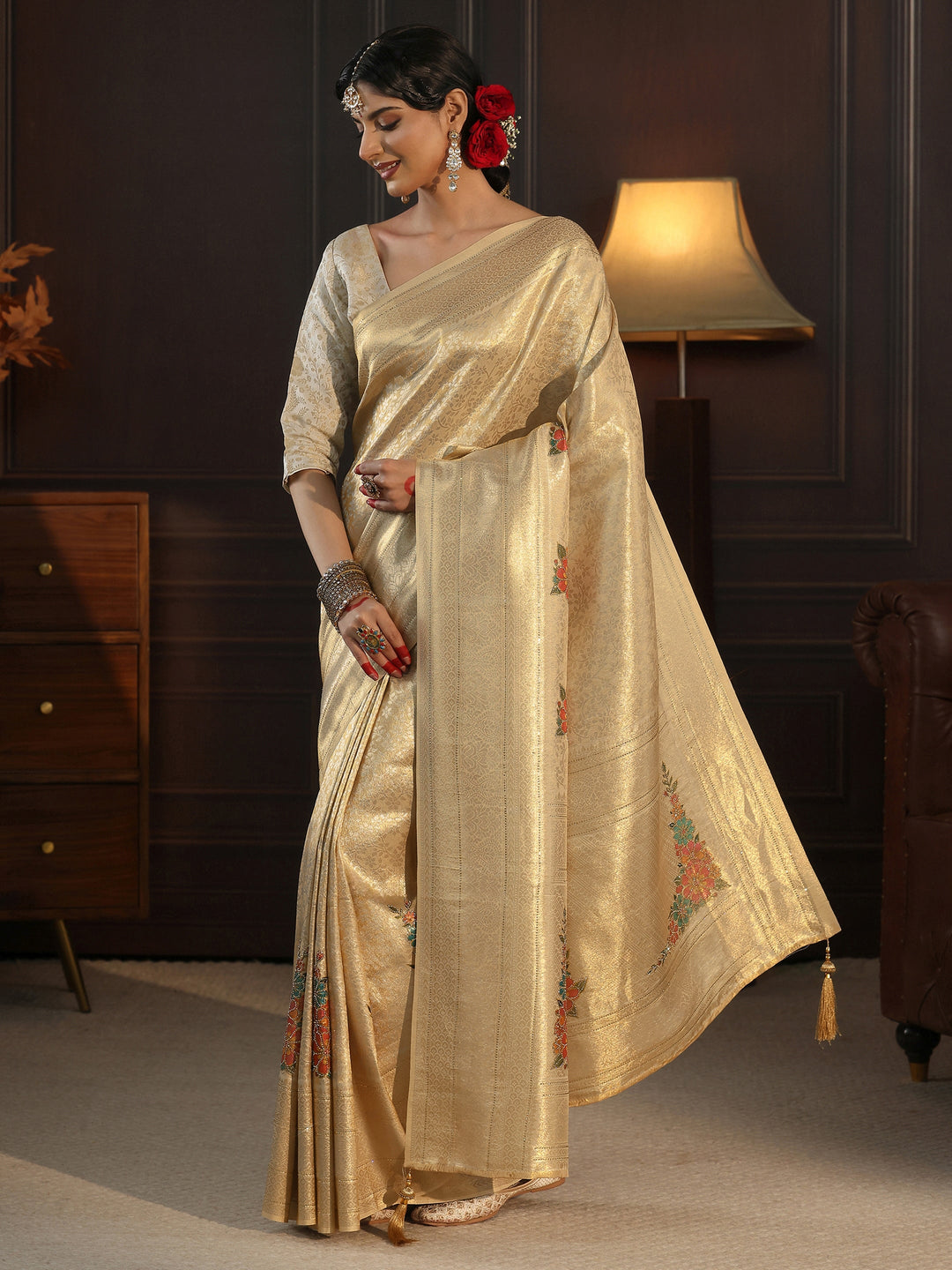 Libas Gold Banarasi Silk Saree with Floral Stone Work 