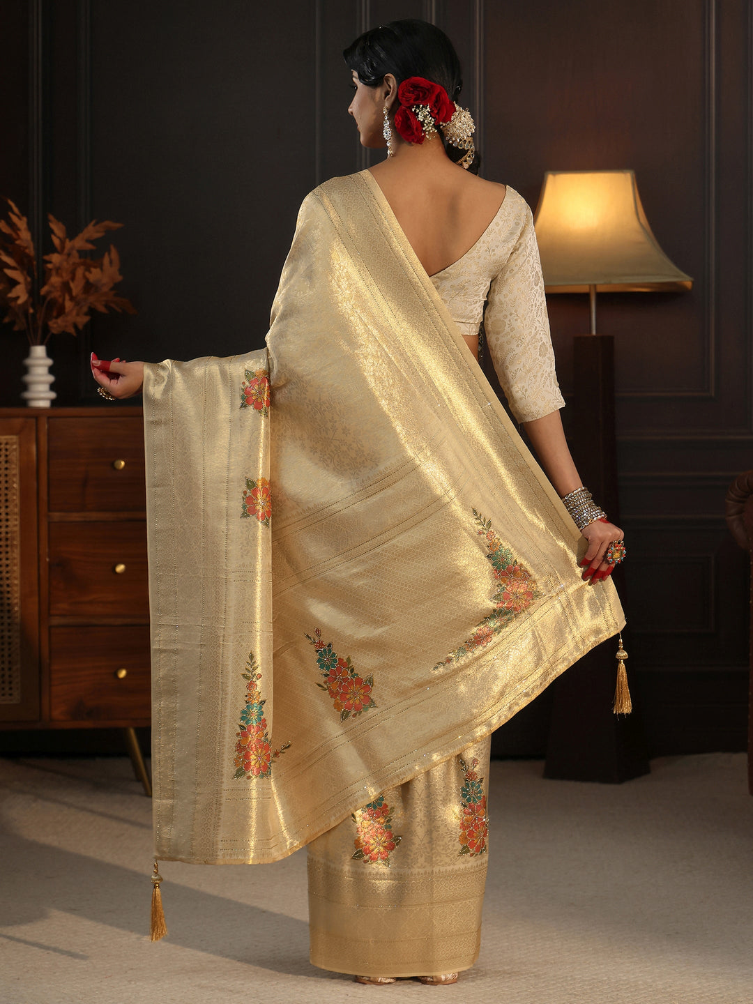  Libas Gold Banarasi Silk Saree with Floral Stone Work 