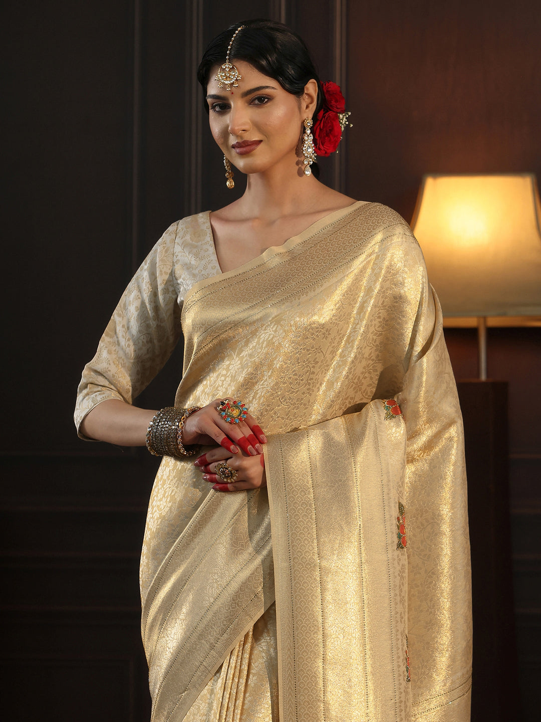  Libas Gold Banarasi Silk Saree with Floral Stone Work 