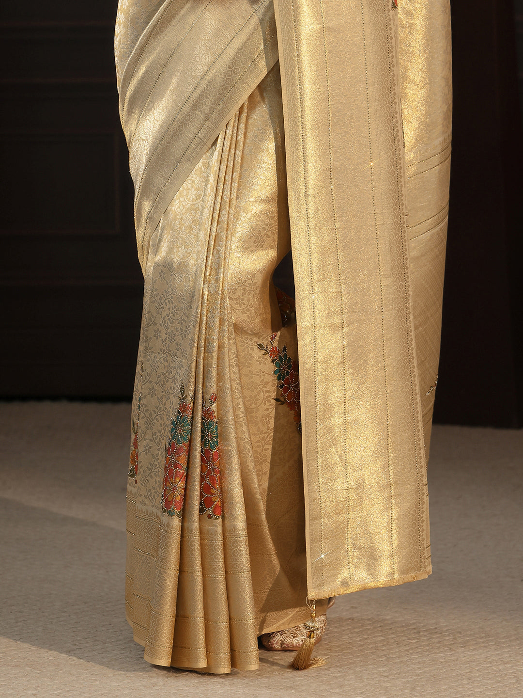  Libas Gold Banarasi Silk Saree with Floral Stone Work 