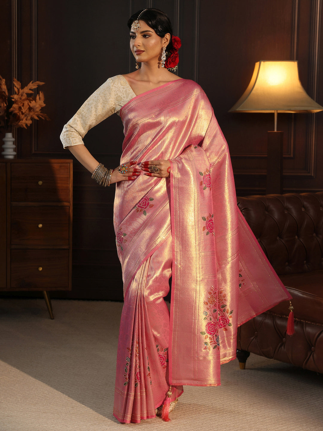  Libas Peach Pink Banarasi Silk Saree with Floral Stone Work 