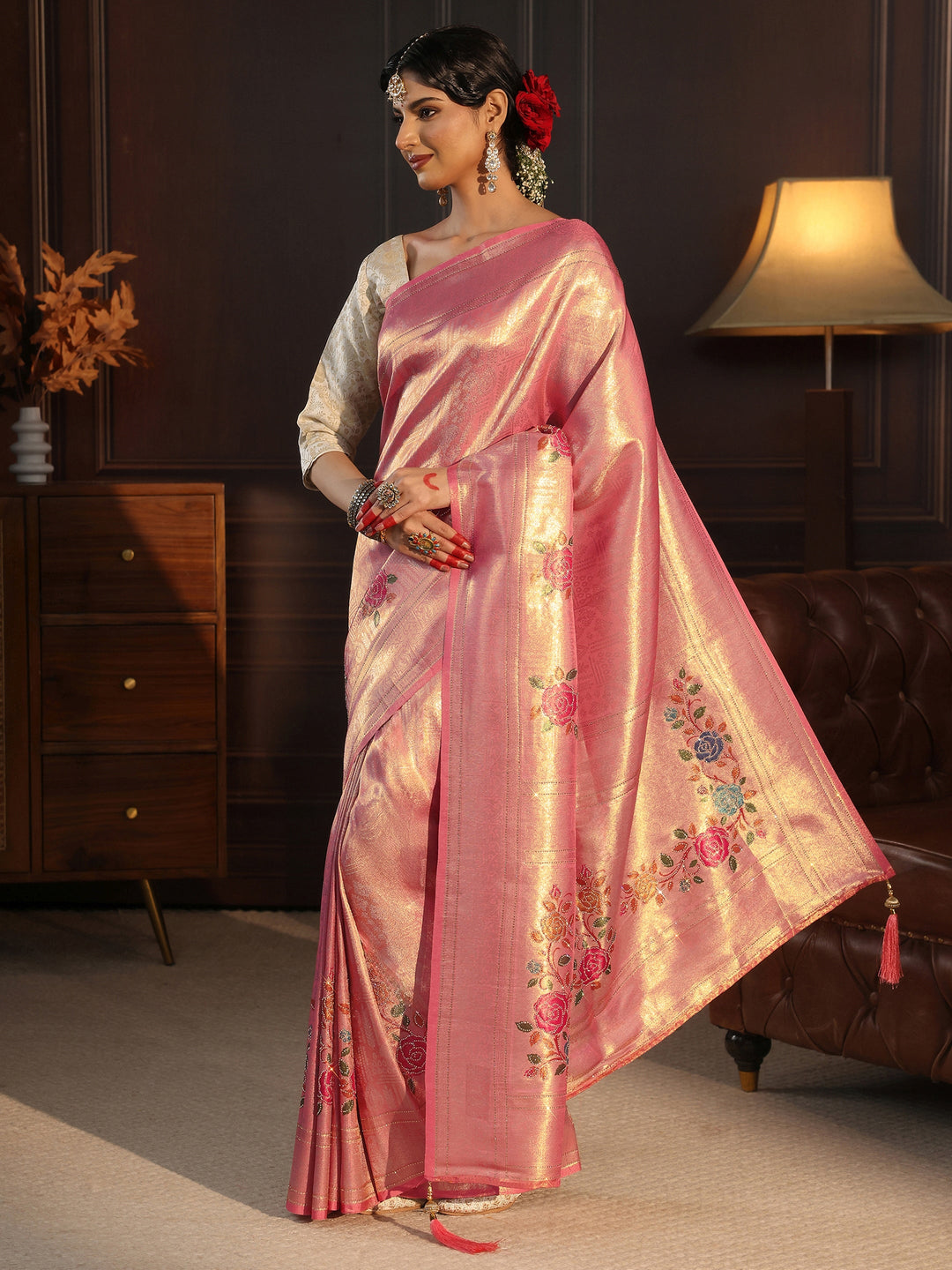  Libas Peach Pink Banarasi Silk Saree with Floral Stone Work 