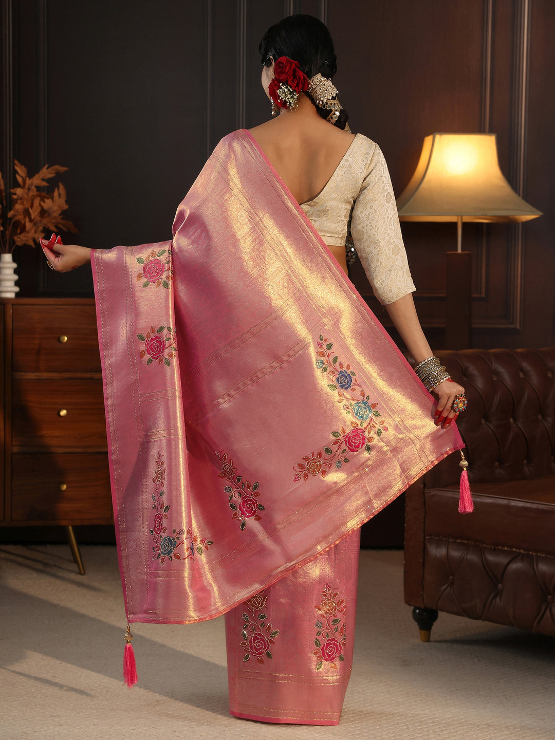  Libas Peach Pink Banarasi Silk Saree with Floral Stone Work 