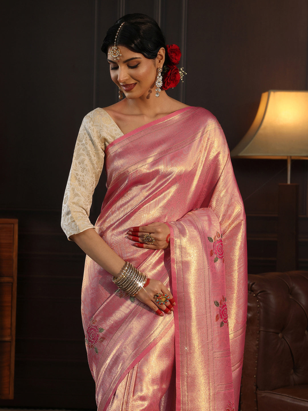  Libas Peach Pink Banarasi Silk Saree with Floral Stone Work 