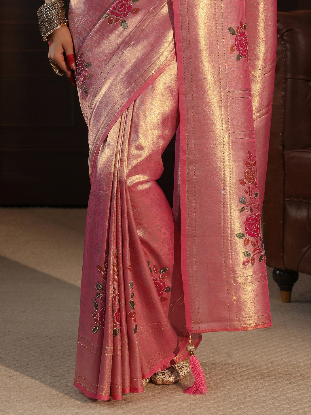  Libas Peach Pink Banarasi Silk Saree with Floral Stone Work 