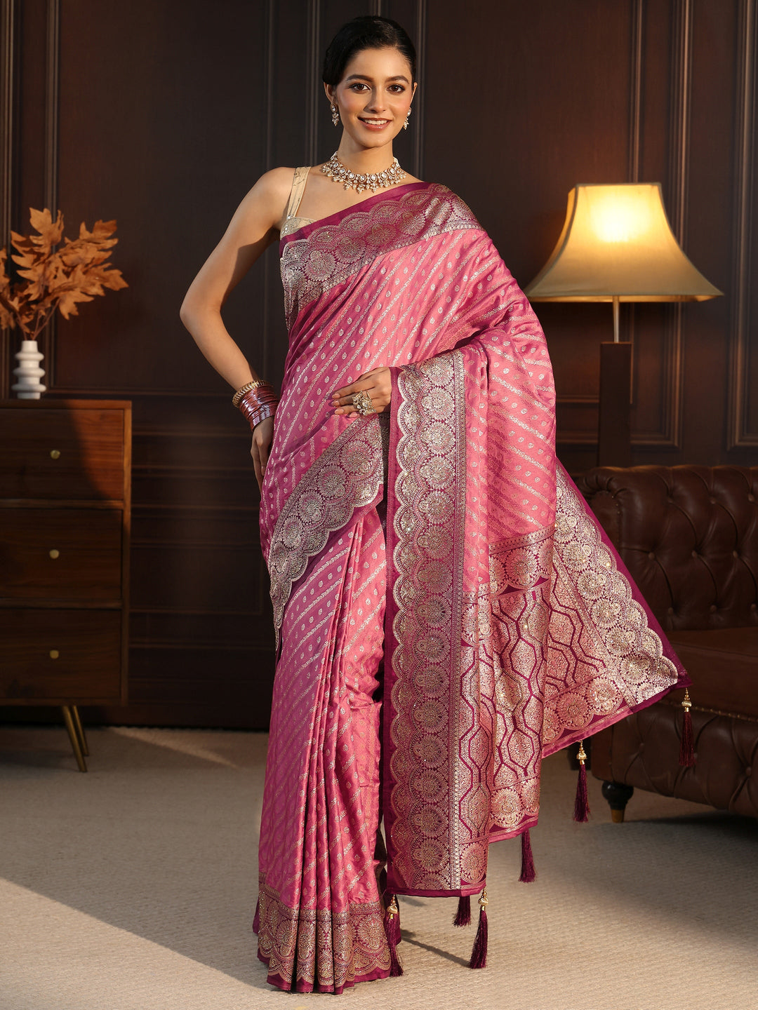  Libas Peach Woven Design Silk Blend Tassel Saree 