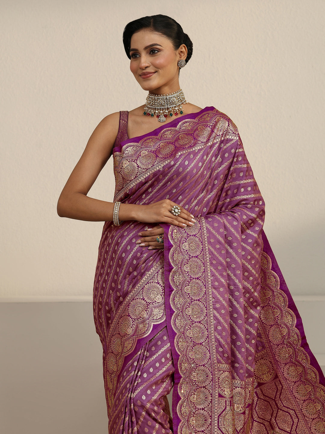  Libas Lavender Geometric Pallu Design Silk Blend Saree 