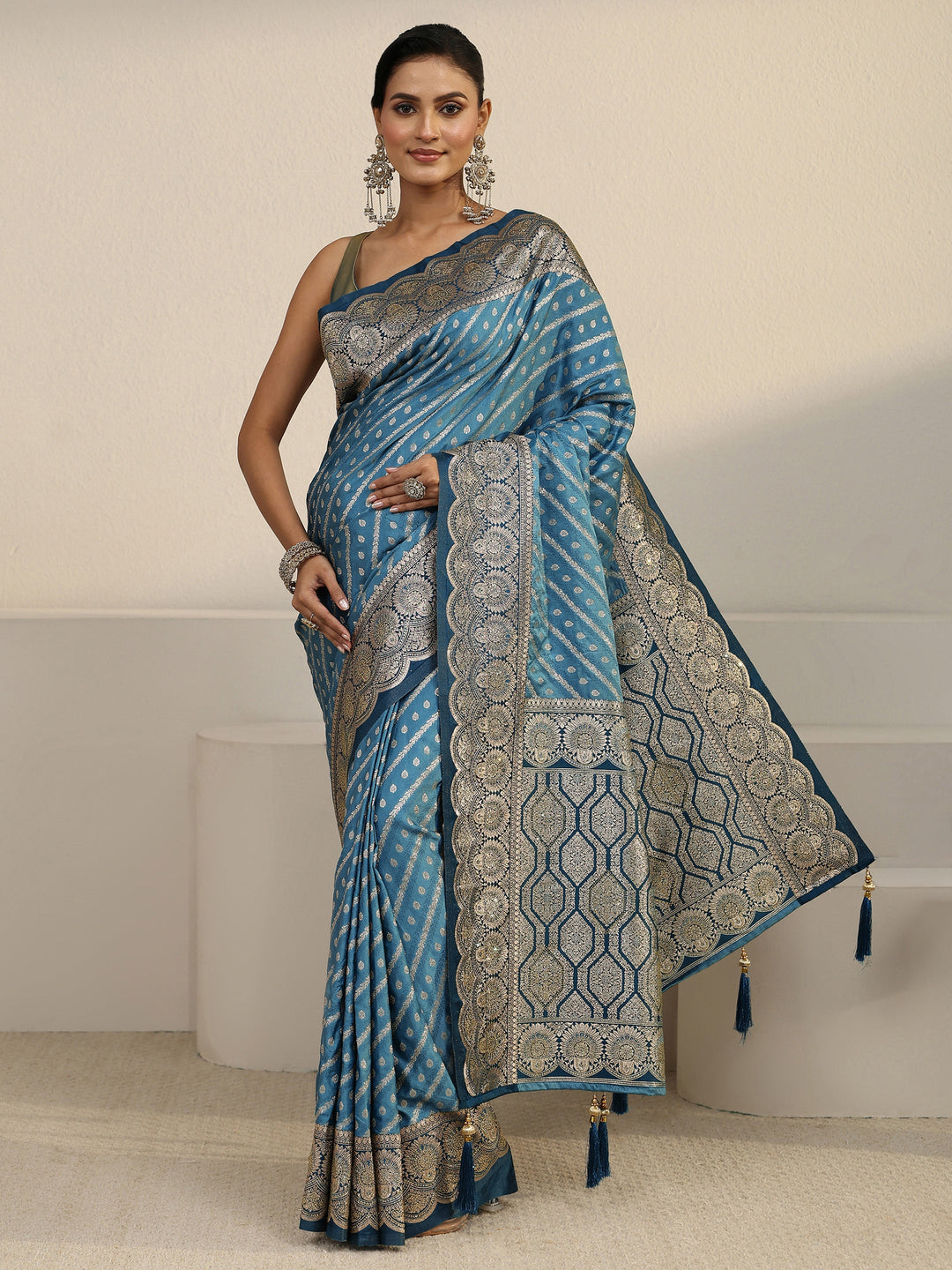  Libas Blue Geometric Pallu Design Silk Blend Saree 