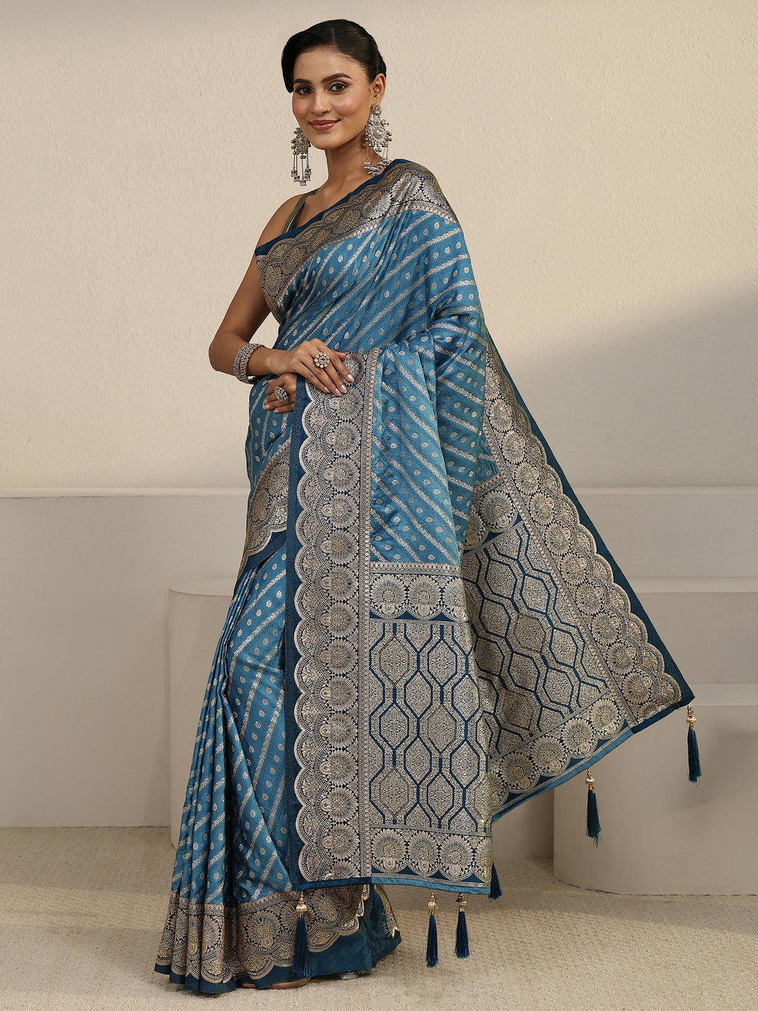  Libas Blue Geometric Pallu Design Silk Blend Saree 