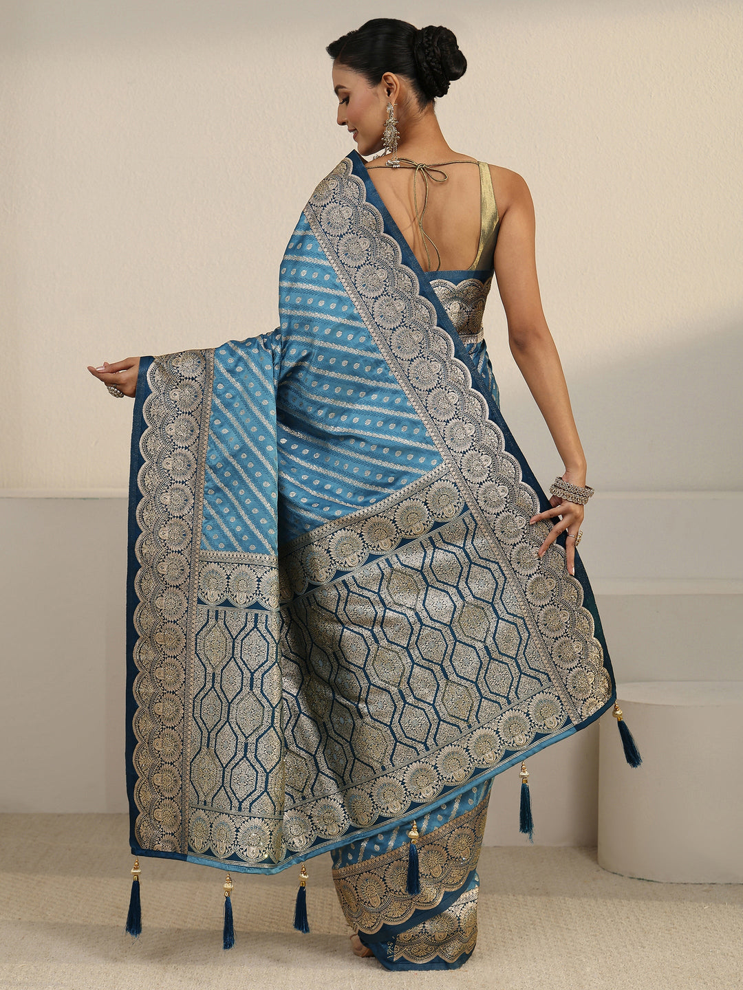  Libas Blue Geometric Pallu Design Silk Blend Saree 