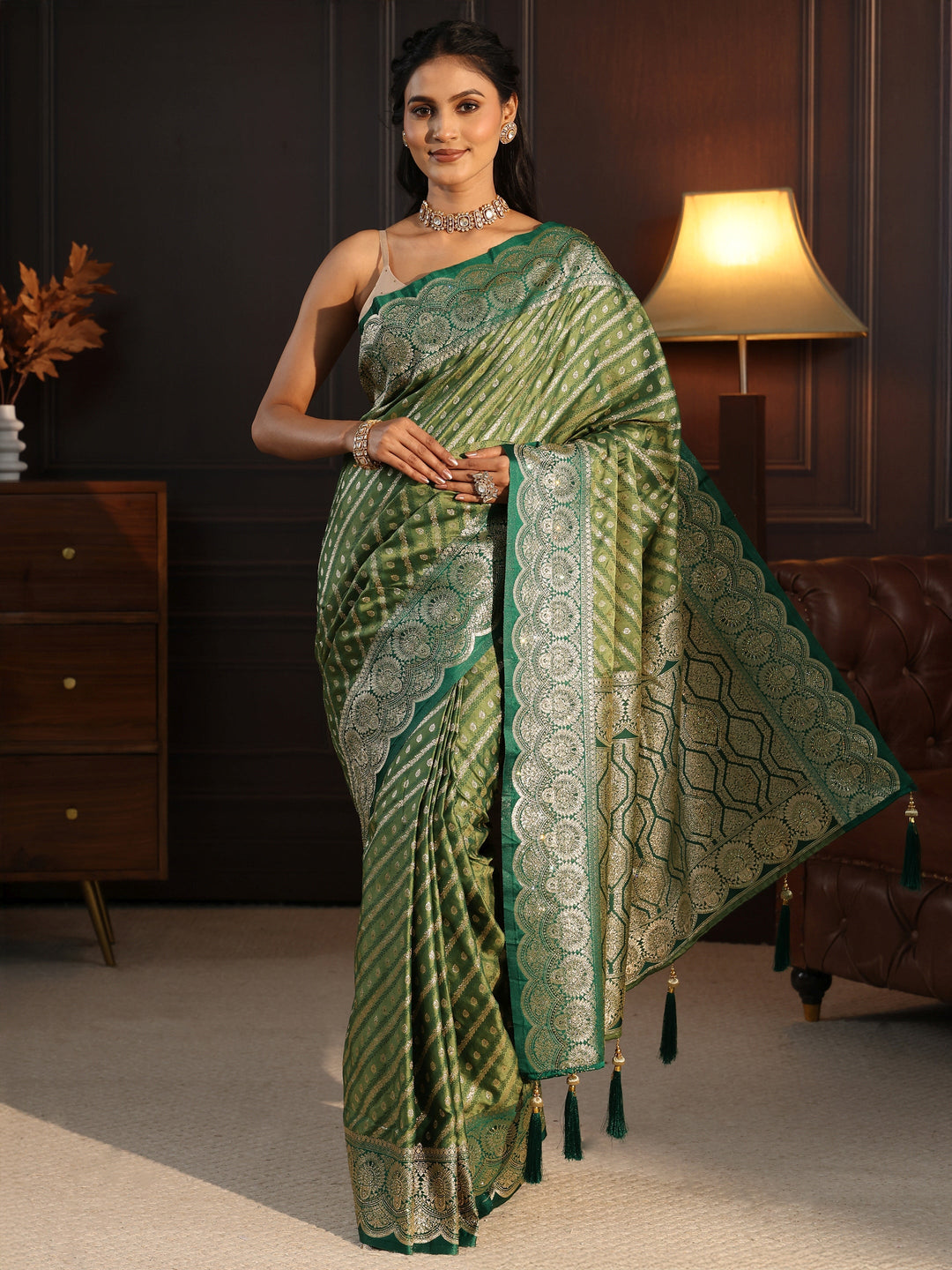  Libas Green Woven Design Silk Blend Tassel Saree 