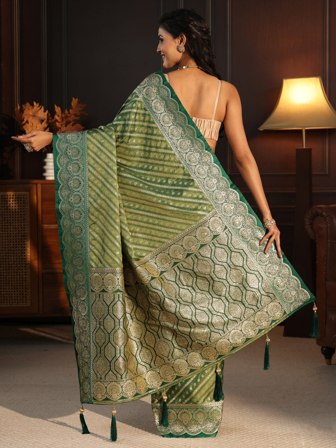  Libas Green Woven Design Silk Blend Tassel Saree 