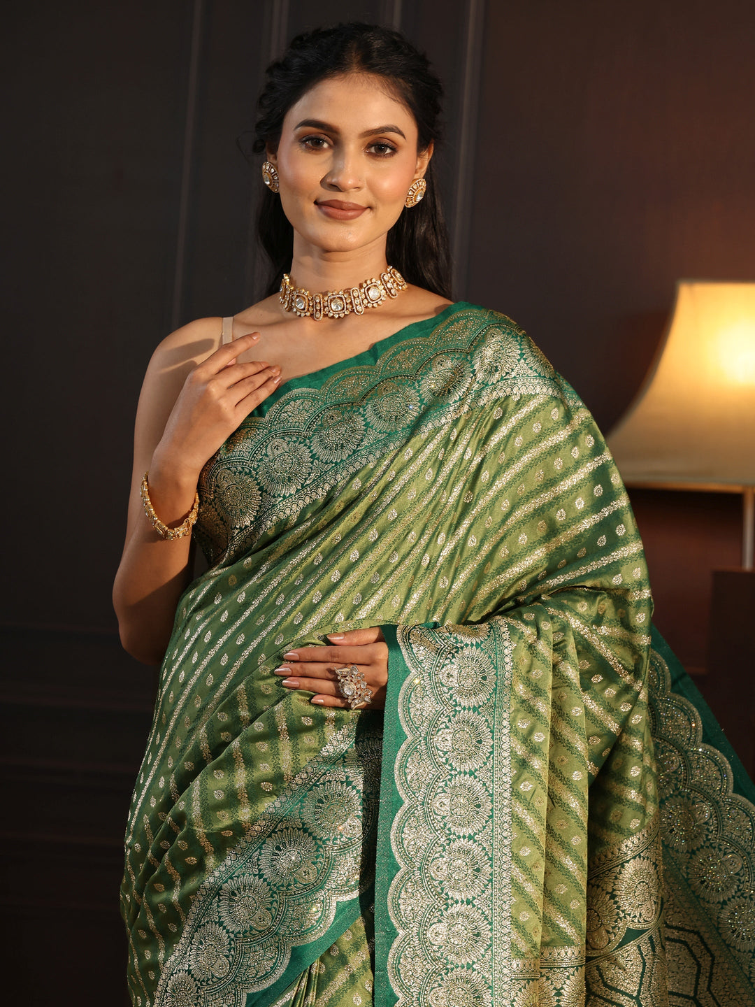  Libas Green Woven Design Silk Blend Tassel Saree 