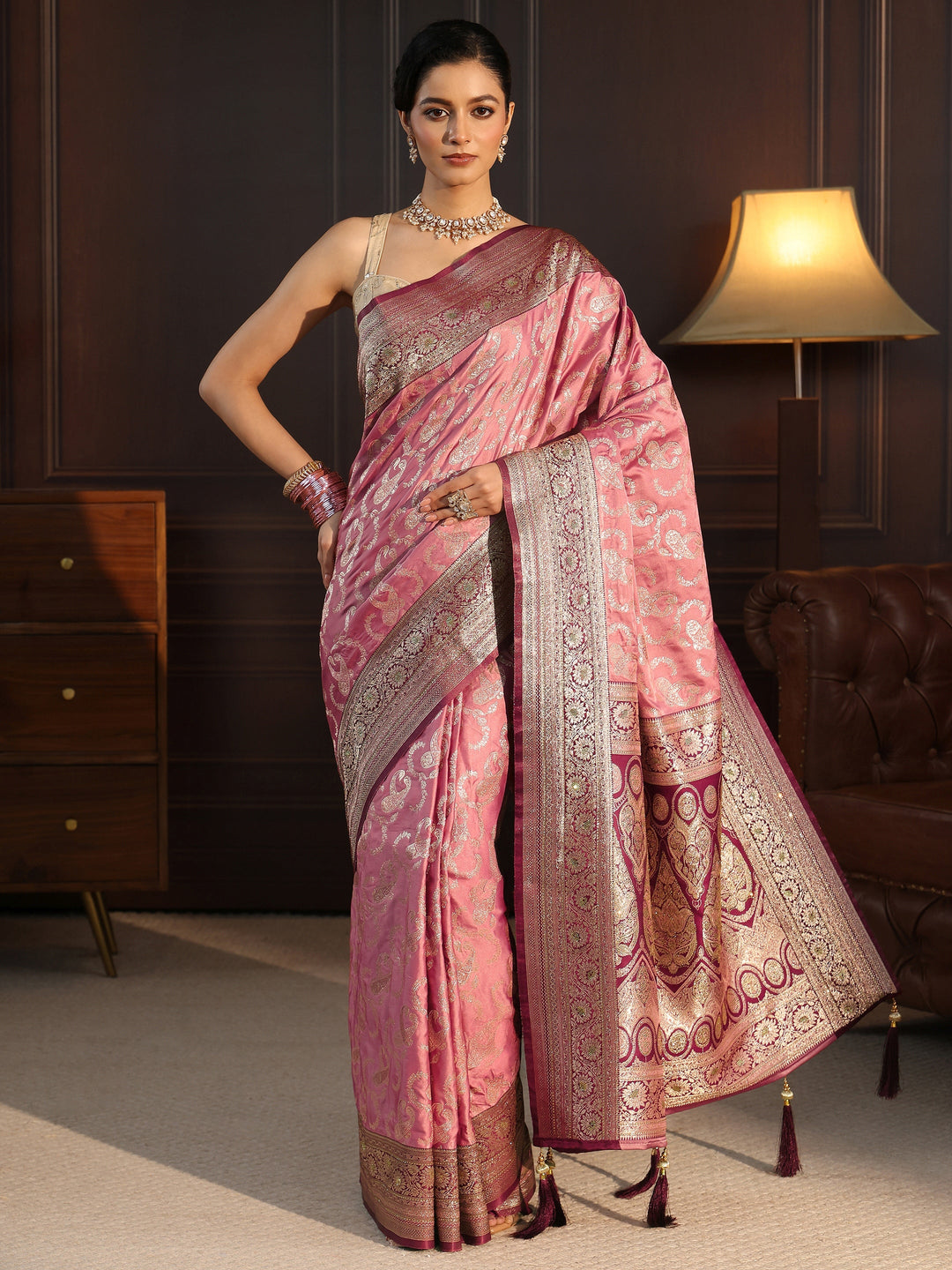  Libas Peach Paisley Woven Design Satin Tassel Saree 