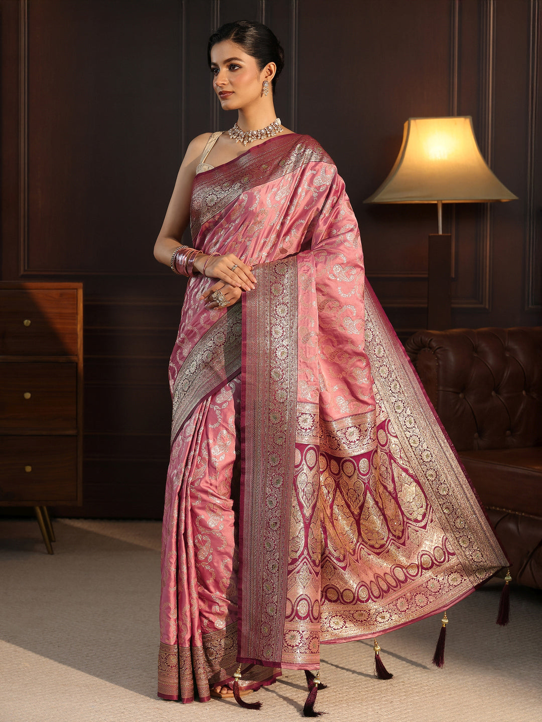  Libas Peach Paisley Woven Design Satin Tassel Saree 